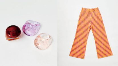 〈RH ヴィンテージ〉のパンツ、〈クラークスオリジナルズ〉のミュー…